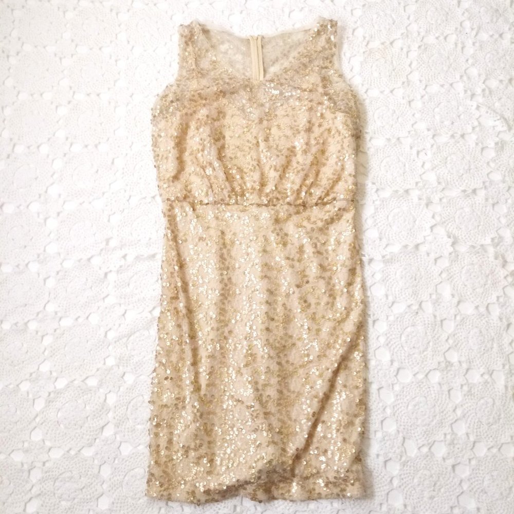 Calvin Klein Sequin Dress Pencil Short Gold Champagne V Neck Sleeveless 10 Women